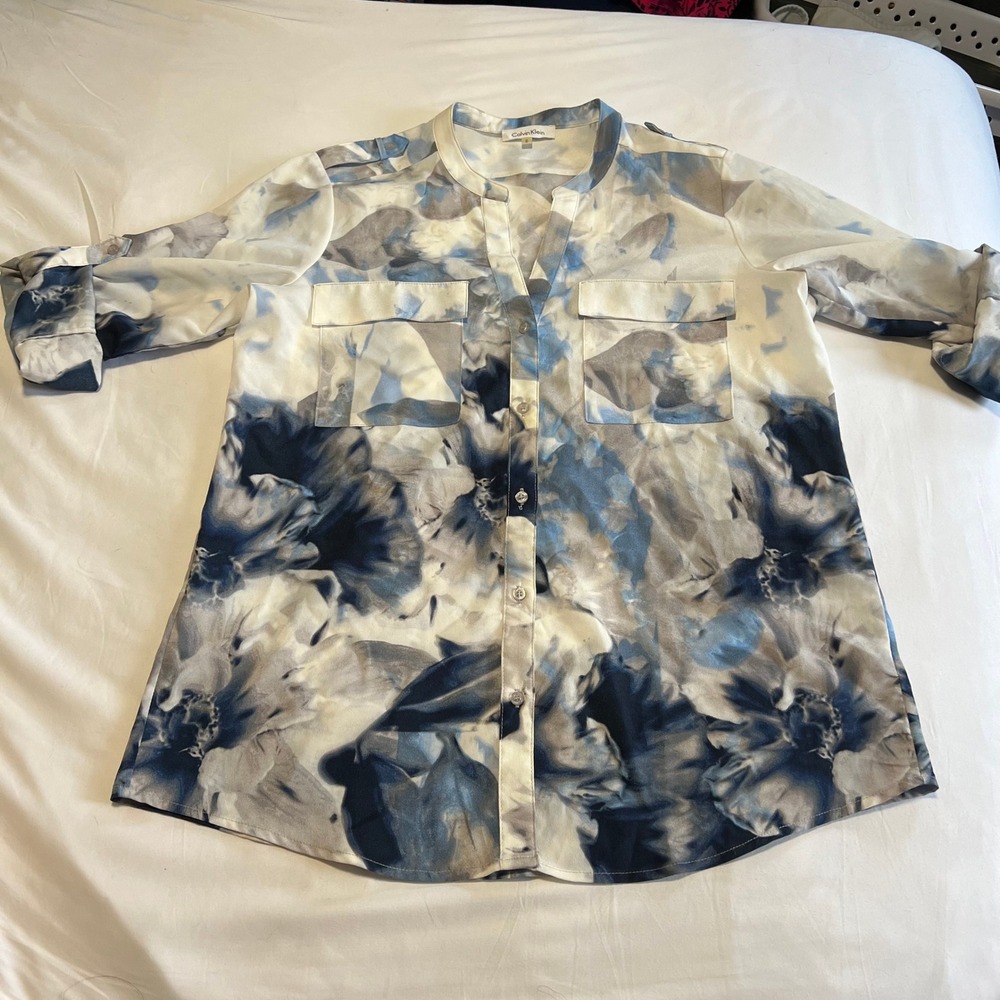 Calvin Klein Blue Floral Watercolor Roll Tab Button Down Blouse Womens Medium